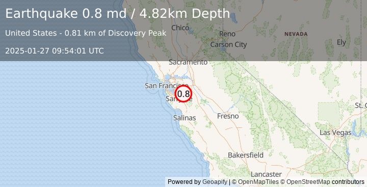 Earthquake 19 km NE of Alum Rock, CA (0.8 md) (2025-01-27 09:54:01 UTC)