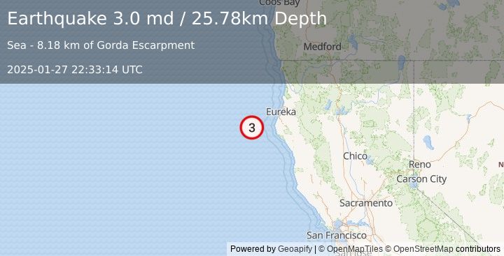 Earthquake 68 km WNW of Petrolia, CA (3.0 md) (2025-01-27 22:33:14 UTC)