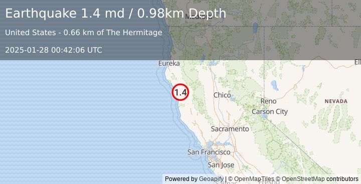 Earthquake 16 km ENE of Rockport, CA (1.4 md) (2025-01-28 00:42:06 UTC)