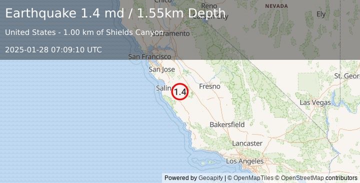 Earthquake 5 km E of Pinnacles, CA (1.4 md) (2025-01-28 07:09:10 UTC)