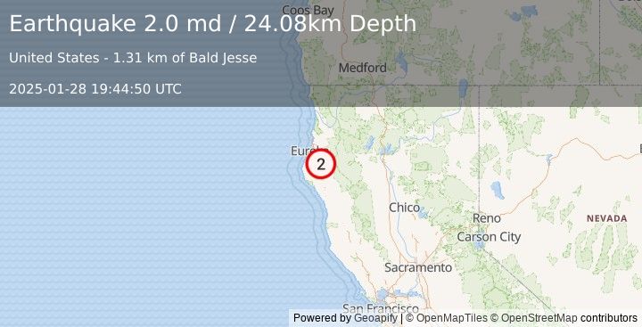 Earthquake 17 km E of Hydesville, CA (2.0 md) (2025-01-28 19:44:50 UTC)