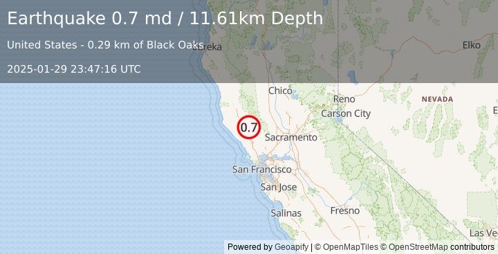 Earthquake 9 km NW of The Geysers, CA (0.7 md) (2025-01-29 23:47:16 UTC)