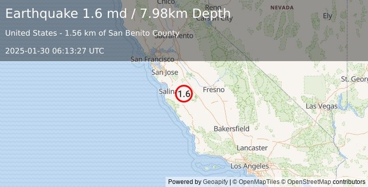 Earthquake 10 km ENE of Pinnacles, CA (1.6 md) (2025-01-30 06:13:27 UTC)