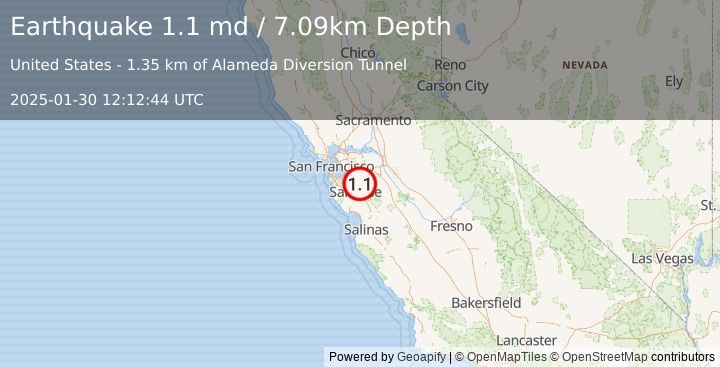 Earthquake 11 km ENE of Milpitas, CA (1.1 md) (2025-01-30 12:12:44 UTC)