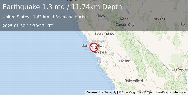 Earthquake 4 km E of San Bruno, CA (1.3 md) (2025-01-30 12:30:27 UTC)