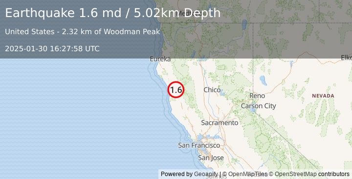 Earthquake 5 km NNE of Laytonville, CA (1.6 md) (2025-01-30 16:27:58 UTC)