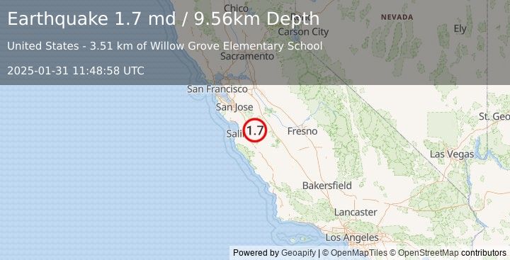 Earthquake 7 km SE of Tres Pinos, CA (1.7 md) (2025-01-31 11:48:58 UTC)