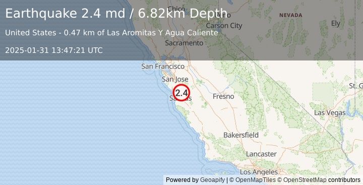 Earthquake 4 km SE of Aromas, CA (2.4 md) (2025-01-31 13:47:21 UTC)