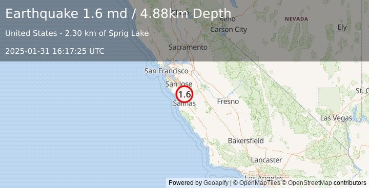 Earthquake 7 km W of Gilroy, CA (1.6 md) (2025-01-31 16:17:25 UTC)