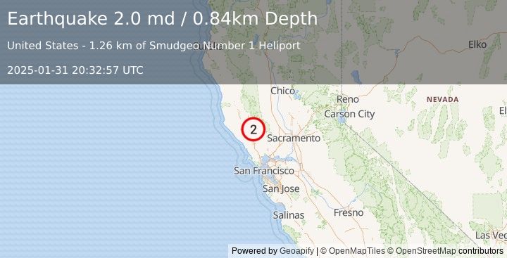 Earthquake 2 km NNE of The Geysers, CA (2.0 md) (2025-01-31 20:32:57 UTC)