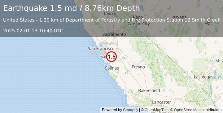 Earthquake 14 km ESE of Alum Rock, CA (1.5 md) (2025-02-01 13:10:40 UTC)