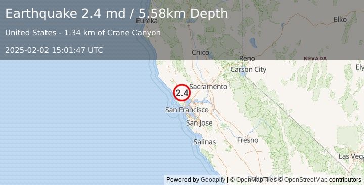 Earthquake 6 km ENE of Rohnert Park, CA (2.4 md) (2025-02-02 15:01:47 UTC)