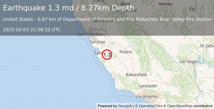 Earthquake 6 km NNW of Pinnacles, CA (1.3 md) (2025-02-03 21:58:33 UTC)