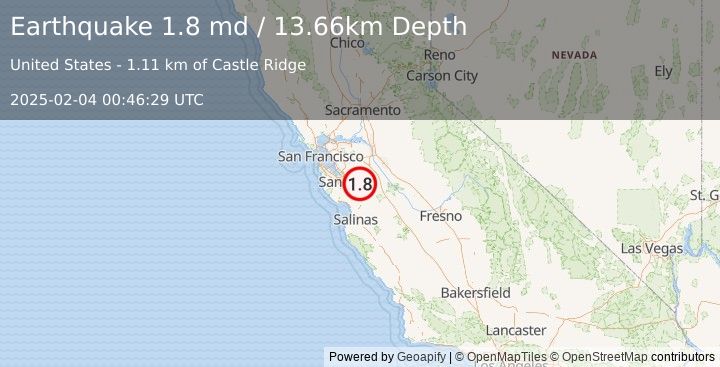 Earthquake 21 km NE of Morgan Hill, CA (1.8 md) (2025-02-04 00:46:29 UTC)