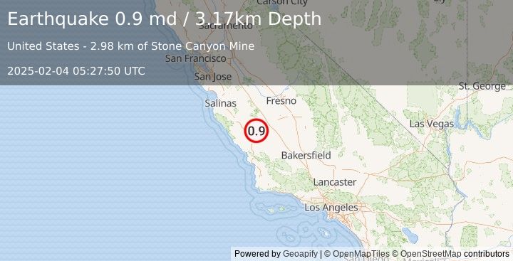 Earthquake 15 km NW of Parkfield, CA (0.9 md) (2025-02-04 05:27:50 UTC)