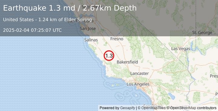 Earthquake 6 km NW of Cholame, CA (1.3 md) (2025-02-04 07:25:07 UTC)