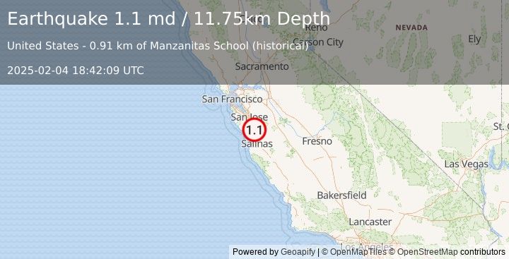 Earthquake 8 km ENE of Corralitos, CA (1.1 md) (2025-02-04 18:42:09 UTC)