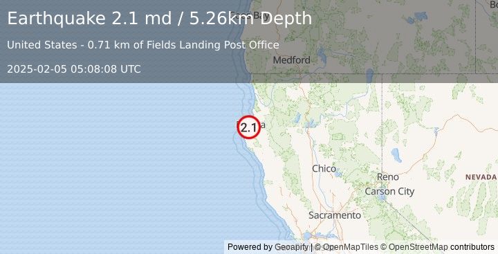 Earthquake 3 km WNW of Humboldt Hill, CA (2.1 md) (2025-02-05 05:08:08 UTC)