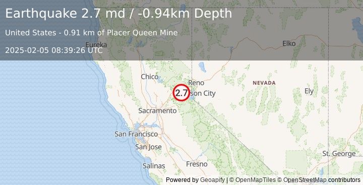 Earthquake 25 km WNW of Sunnyside-Tahoe City, CA (2.7 md) (2025-02-05 08:39:26 UTC)