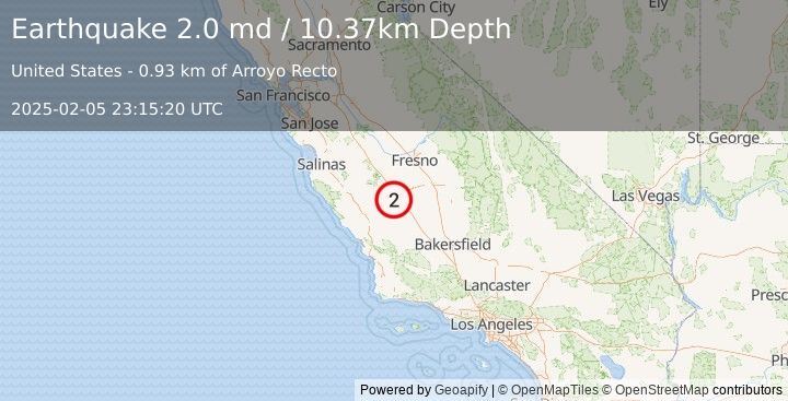 Earthquake 11 km NNW of Avenal, CA (2.0 md) (2025-02-05 23:15:20 UTC)