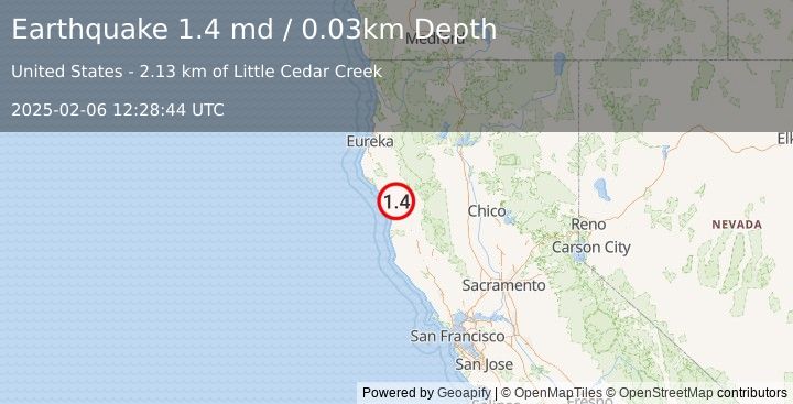 Earthquake 20 km ENE of Rockport, CA (1.4 md) (2025-02-06 12:28:44 UTC)