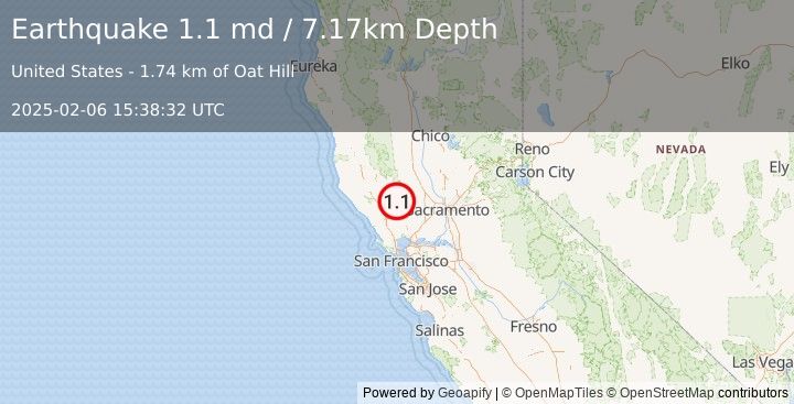 Earthquake 11 km SE of Middletown, CA (1.1 md) (2025-02-06 15:38:32 UTC)