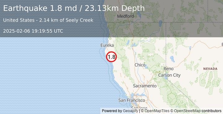 Earthquake 4 km NNW of Redway, CA (1.8 md) (2025-02-06 19:19:55 UTC)