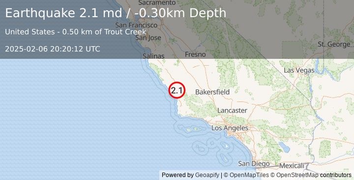 Earthquake 6 km NNE of Santa Margarita, CA (2.1 md) (2025-02-06 20:20:12 UTC)