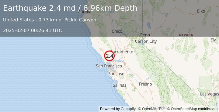 Earthquake 7 km SSW of Yountville, CA (2.4 md) (2025-02-07 00:26:41 UTC)