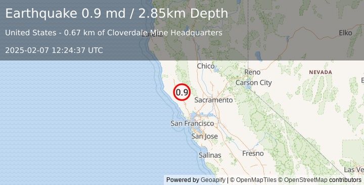 Earthquake 11 km NW of The Geysers, CA (0.9 md) (2025-02-07 12:24:37 UTC)