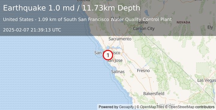 Earthquake 3 km SE of South San Francisco, CA (1.0 md) (2025-02-07 21:39:13 UTC)