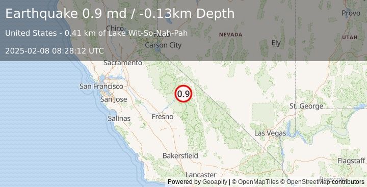 Earthquake 15 km SSE of Mammoth Lakes, CA (0.9 md) (2025-02-08 08:28:12 UTC)