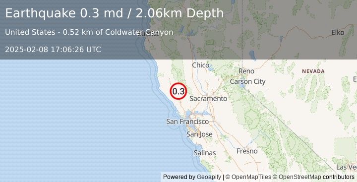 Earthquake 8 km NNW of The Geysers, CA (0.3 md) (2025-02-08 17:06:26 UTC)