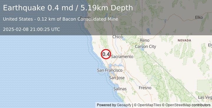 Earthquake 6 km SSW of Anderson Springs, CA (0.4 md) (2025-02-08 21:00:25 UTC)