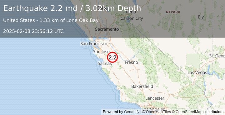 Earthquake 24 km W of Los Banos, CA (2.2 md) (2025-02-08 23:56:12 UTC)