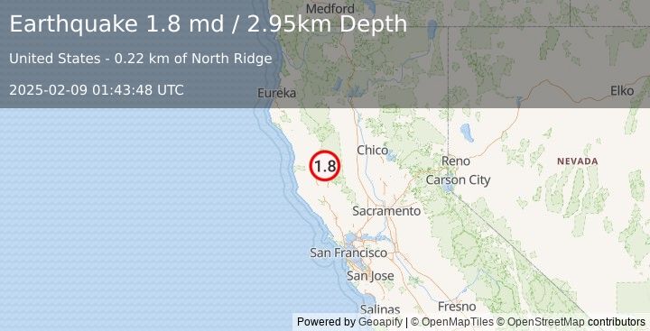 Earthquake 4 km NW of Lake Pillsbury, CA (1.8 md) (2025-02-09 01:43:48 UTC)