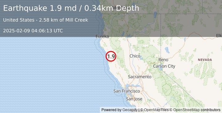 Earthquake 5 km WNW of Laytonville, CA (1.9 md) (2025-02-09 04:06:13 UTC)