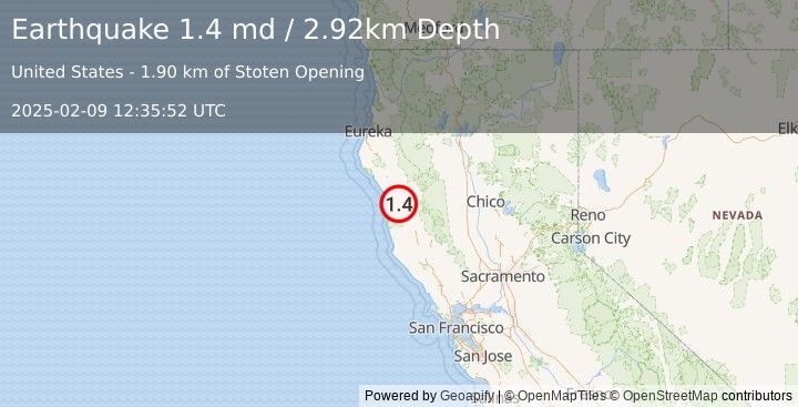 Earthquake 6 km WNW of Laytonville, CA (1.4 md) (2025-02-09 12:35:52 UTC)