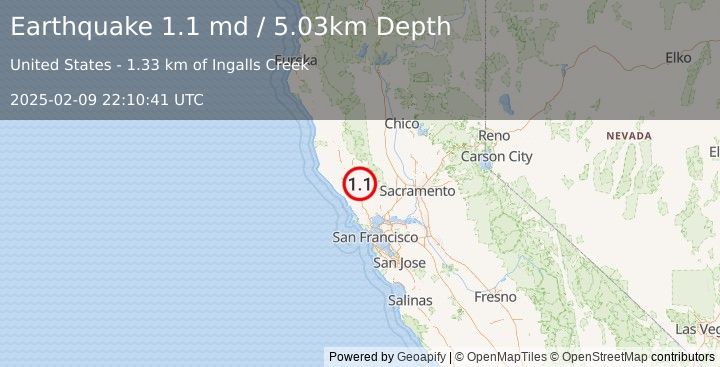 Earthquake 9 km SSW of The Geysers, CA (1.1 md) (2025-02-09 22:10:41 UTC)