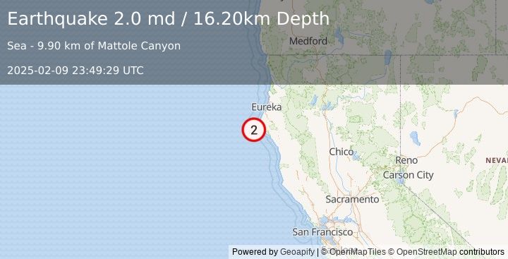 Earthquake 25 km W of Petrolia, CA (2.0 md) (2025-02-09 23:49:29 UTC)