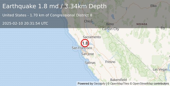 Earthquake 9 km E of Vallejo, CA (1.8 md) (2025-02-10 20:31:54 UTC)