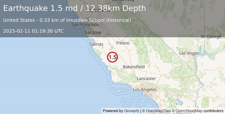 Earthquake 8 km NW of Parkfield, CA (1.5 md) (2025-02-11 01:19:36 UTC)