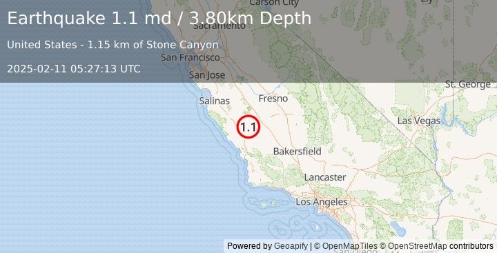 Earthquake 18 km NNW of Parkfield, CA (1.1 md) (2025-02-11 05:27:13 UTC)