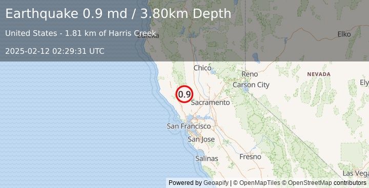 Earthquake 6 km S of Lower Lake, CA (0.9 md) (2025-02-12 02:29:31 UTC)