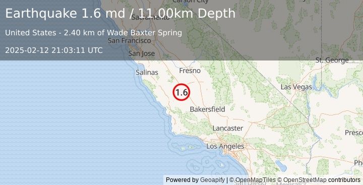 Earthquake 5 km SSW of Avenal, CA (1.6 md) (2025-02-12 21:03:11 UTC)