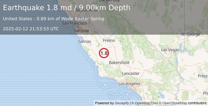 Earthquake 6 km SW of Avenal, CA (1.8 md) (2025-02-12 21:53:53 UTC)