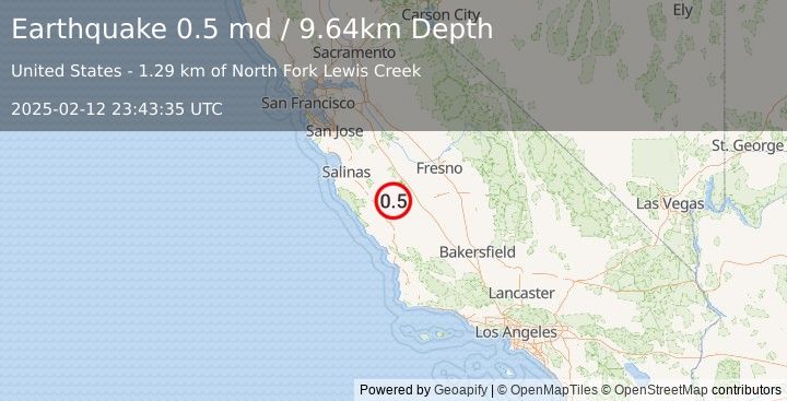 Earthquake 24 km SSW of New Idria, CA (0.5 md) (2025-02-12 23:43:35 UTC)