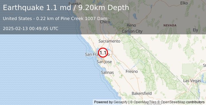 Earthquake 6 km NE of Alamo, CA (1.1 md) (2025-02-13 00:49:05 UTC)