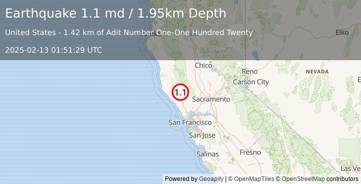 Earthquake 9 km NW of The Geysers, CA (1.1 md) (2025-02-13 01:51:29 UTC)