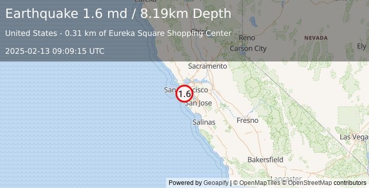 Earthquake 2 km NNE of Pacifica, CA (1.6 md) (2025-02-13 09:09:15 UTC)